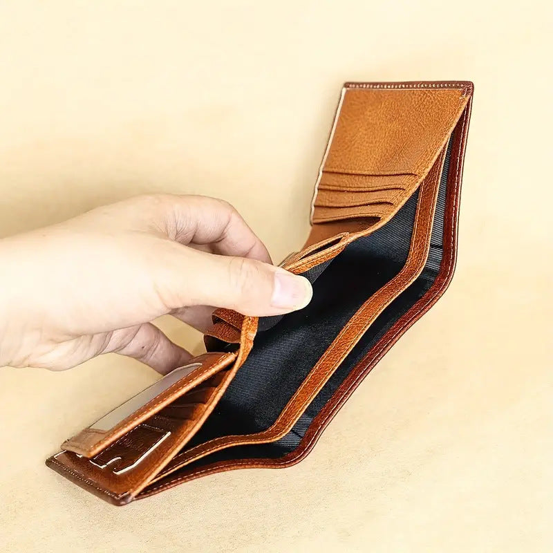 Mens RFID Blocking Short Wallet Large Capacity Trifold Card Holder